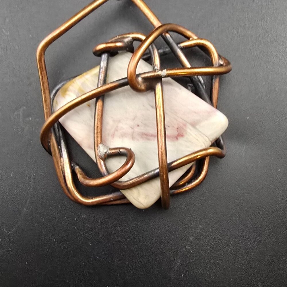 Vintage Copper Wire Wrapped Pendant Necklace W/ Stone Center & Chain By Kim - Picture 9 of 10